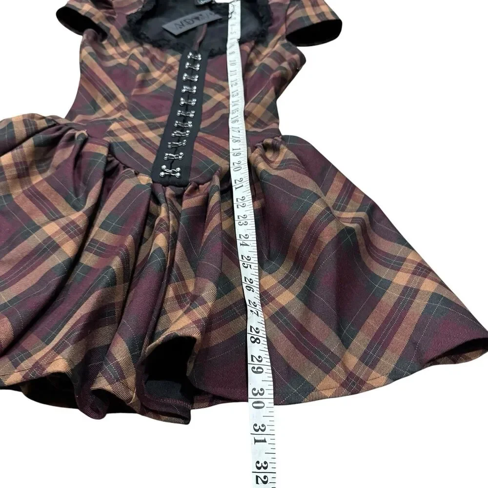 Widow Corset Mini Dress XXS Burgundy Plaid Hook & Eye Goth Punk Alt NWT - Picture 7 of 13